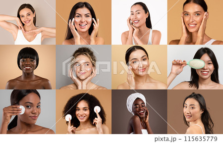 A visual array of women performing their daily skincare rituals, each framed individually against a clean, neutral studio background. A visual array of women performing their daily skincare rituals, each framed individually against a clean, neutral studio background. 115635779