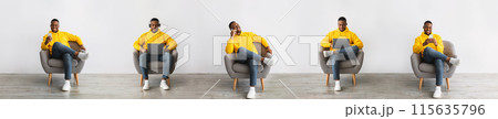 Online Activities. Collage With Black Man Using Laptop For Work And Cellphone For Communication Sitting In Armchair Over White Wall Indoors. Guy Texting And Browsing Internet Via Gadgets. Panorama 115635796