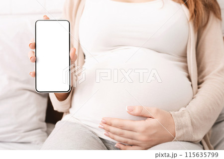 Modern technologies and pregnancy. Pregnant woman showing cellphone with empty display at home, mobile application for expectant ladies, mockup Modern technologies and pregnancy. Pregnant woman showing cellphone with empty display at home, mobile application for expectant ladies, mockup 115635799