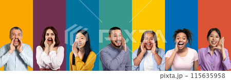 Gossip, rumor, spread the word concept. Excited diverse people multiethnic millennial men and women holding hand next to mouth, set of photos, colorful background, banner Gossip, rumor, spread the word concept. Excited diverse people multiethnic millennial men and women holding hand next to mouth, set of photos, colorful background, banner 115635958