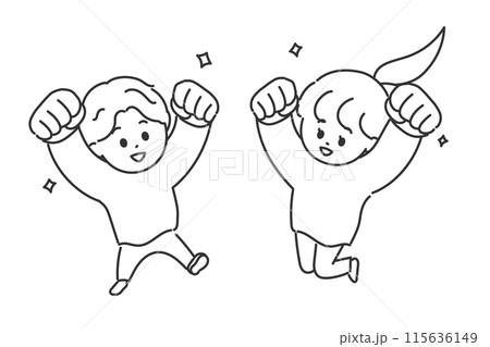 笑顔で拳を突き上げる男の子と女の子・線画 115636149