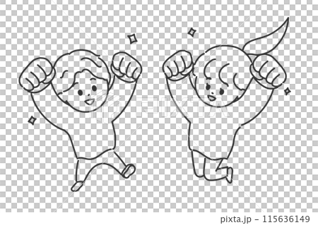笑顔で拳を突き上げる男の子と女の子・線画 115636149
