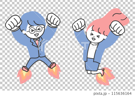 笑顔で拳を突き上げながらジャンプするスーツの男性と女性　ロケット 115636164