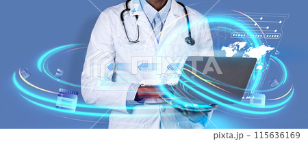 Telehealth, remote healthcare, telemedicine. Unreconizable black doctor using laptop computer, cropped of physycian have online meeting with patient, collage, double exposure, banner Telehealth, remote healthcare, telemedicine. Unreconizable black doctor using laptop computer, cropped of physycian have online meeting with patient, collage, double exposure, banner 115636169