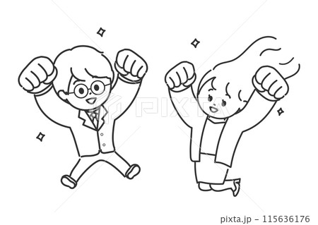 笑顔で拳を突き上げながらジャンプするスーツの男性と女性 線画 笑顔で拳を突き上げながらジャンプするスーツの男性と女性 線画 115636176