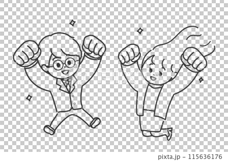 Men and women in suits jumping with smiles and fists raised - Line drawing Men and women in suits jumping with smiles and fists raised - Line drawing 115636176