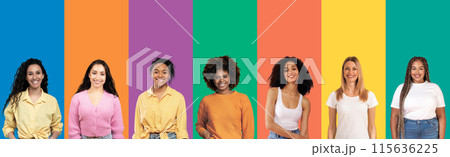 Diversity And Variety Concept. Creative composite collage series of optimistic multicultural women smiling on colorful studio backgrounds. Headshot portraits of multiracial ladies, female photoshoot Diversity And Variety Concept. Creative composite collage series of optimistic multicultural women smiling on colorful studio backgrounds. Headshot portraits of multiracial ladies, female photoshoot 115636225