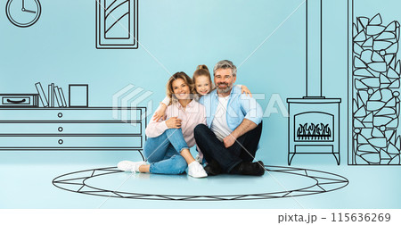 Smiling little european girl hug adult parents on floor, isolated on blue studio background, with drawn abstract furniture in living room interior. Buy own home, family dreams of house design 115636269