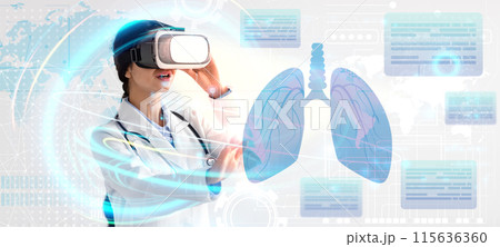 Medical technology concept. Pulmonologist young woman in white coat doctor using VR goggles to study health data of patient, touching big hologram of human lungs, banner, collage Medical technology concept. Pulmonologist young woman in white coat doctor using VR goggles to study health data of patient, touching big hologram of human lungs, banner, collage 115636360