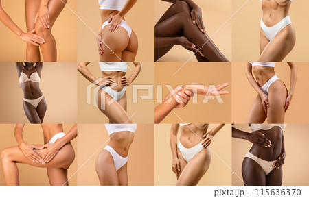 Women in lingerie showing various skincare routines and body pampering techniques in a collage layout, set of cropped photos on studio backgrounds Women in lingerie showing various skincare routines and body pampering techniques in a collage layout, set of cropped photos on studio backgrounds 115636370