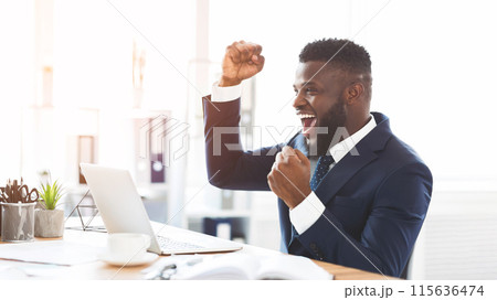 Happy african american businessman celebrating his success at work, demonstrating winner expression in office, copy space Happy african american businessman celebrating his success at work, demonstrating winner expression in office, copy space 115636474