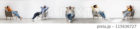 Diverse Young Men And Women Wearing Headphones Relaxing And Listening To Music Sitting In Armchairs On White Background, Panorama, Collage. People Enjoying Favorite Songs At Home On Weekend 115636727