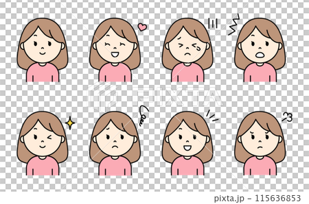 Simple female facial expression set 115636853