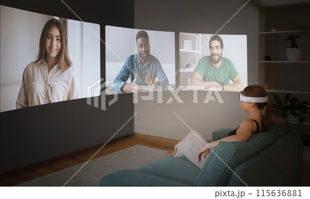 Virtual Group Video Call. Woman Wearing VR Headset Having Distance Conference With Multiethnic Friends On Screen At Home. Young People Communicating Online Using Immersive Technology, Collage 115636881