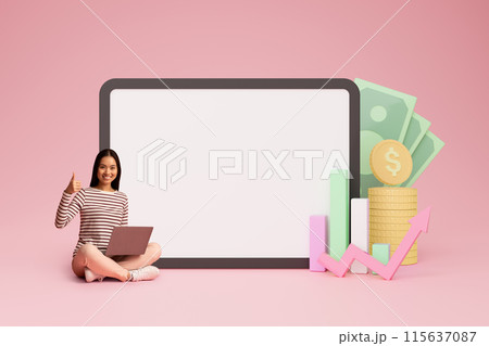 Young asian woman trader using laptop, sitting by huge digital tablet with white blank screen, money cash 3d illustration on pink background. Trading on stock and markets online, mockup, blank space 115637087