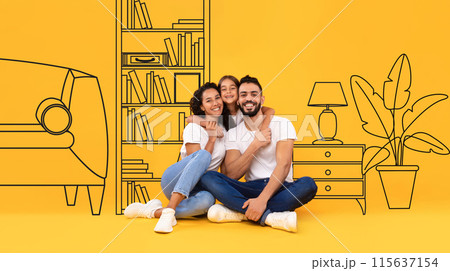 Happy little arab girl hug young parents, on floor, on yellow studio background, with drawn abstract living room furniture in interior. Family dreams of house, new renovation, buy real estate Happy little arab girl hug young parents, on floor, on yellow studio background, with drawn abstract living room furniture in interior. Family dreams of house, new renovation, buy real estate 115637154