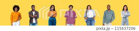 Cheerful confident mature diverse men and women in casual, enjoy lifestyle, free time, education, isolated on yellow studio background, panorama. Work, study, ad and offer, sale Cheerful confident mature diverse men and women in casual, enjoy lifestyle, free time, education, isolated on yellow studio background, panorama. Work, study, ad and offer, sale 115637206