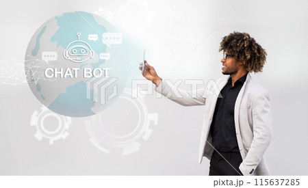 Stylish handsome young black businessman in suit holding smartphone, chatbot icon hologram, collage for artificial intelligence in business concept. Entrepreneur using chat bot, web-banner 115637285