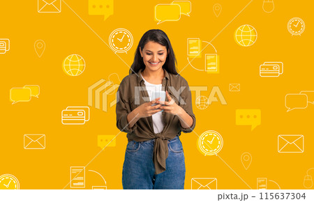 Happy pretty young indian woman in casual outfit using phone over digital icons background. Eastern lasy banking or shopping online, transfer money, paying for goods and services, collage 115637304