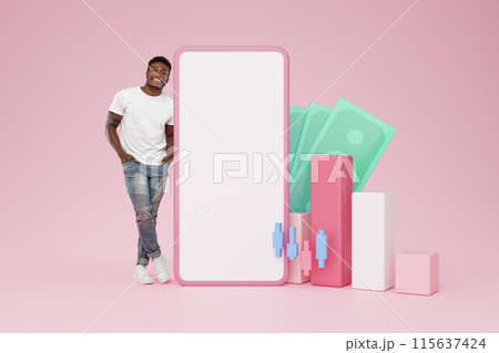 Cheerful young black guy standing by huge phone with white blank screen, money cash, chart of changes on markets and stocks. African american man trading online, pink background, collage, mockup Cheerful young black guy standing by huge phone with white blank screen, money cash, chart of changes on markets and stocks. African american man trading online, pink background, collage, mockup 115637424