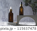 Glass dropper bottles with natural cosmetic on podium. Product presentation mock up. Beauty and body care product concept. Nature oil skin concept. Concrete geometric scene. 115637478