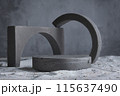 Background for cosmetic products grey concrete scene with geometric shapes. Concrete round and arc grey podium. Empty showcase for packaging product presentation. Mock up pedestal 115637490