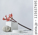 Background for cosmetic products white concrete scene with geometric shapes and red exotic flower. Concrete round white podium. Empty showcase for packaging product presentation. Mock up pedestal 115637495