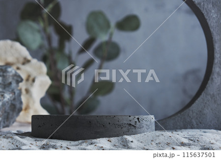 Background for cosmetic products grey concrete scene with geometric shape and natural rocks and leaves. Concrete grey podium. Empty showcase for packaging product presentation. Mock up pedestal 115637501
