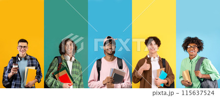 International group of happy students stylish young guys carrying backpacks, notepads posing on colorful studio backgrounds, set of photos, web-banner, collage for student life, education concept International group of happy students stylish young guys carrying backpacks, notepads posing on colorful studio backgrounds, set of photos, web-banner, collage for student life, education concept 115637524