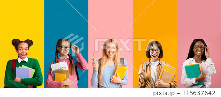 Education, college, school. Collection of diverse group of people multicultural young women students wearing backpacks and holding notepads, bright colorful gradient studio background wall, collage Education, college, school. Collection of diverse group of people multicultural young women students wearing backpacks and holding notepads, bright colorful gradient studio background wall, collage 115637642