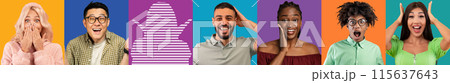 Happy shocked mature and young multiracial people on colored studio background enjoy win, with empty space with man silhouette, panorama, collage. Victory emotions, lifestyle, ad and offer Happy shocked mature and young multiracial people on colored studio background enjoy win, with empty space with man silhouette, panorama, collage. Victory emotions, lifestyle, ad and offer 115637643