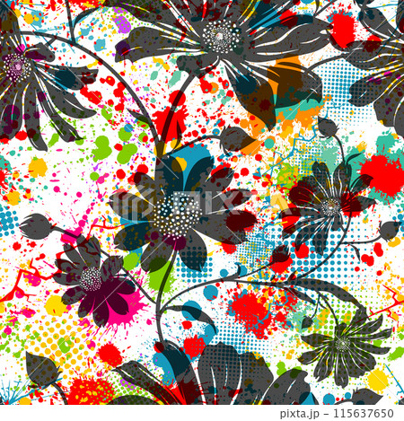 Abstract floral seamless pattern. Seamless background of blots and flowers . hand drawing. Not AI, Vector illustration Abstract floral seamless pattern. Seamless background of blots and flowers . hand drawing. Not AI, Vector illustration 115637650