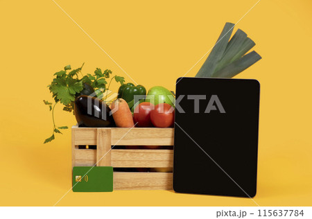 Online Grocery Shopping. Digital Tablet Computer With Empty Screen Standing Near Harvested Vegetables In Wooden Box On Yellow Studio Background. Mockup For Farm Business Advertisement Online Grocery Shopping. Digital Tablet Computer With Empty Screen Standing Near Harvested Vegetables In Wooden Box On Yellow Studio Background. Mockup For Farm Business Advertisement 115637784