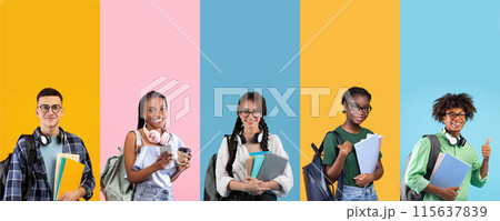 Education, college, school. Collection of diverse group of people multicultural young men and women students wearing backpacks and holding notepads, bright colorful gradient studio background wall Education, college, school. Collection of diverse group of people multicultural young men and women students wearing backpacks and holding notepads, bright colorful gradient studio background wall 115637839