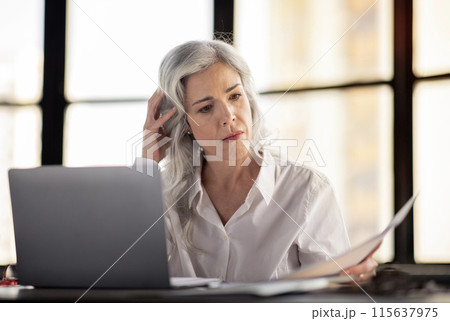 Entrepreneurship Paperwork Problem. Unhappy Businesswoman Looking At Paper Bills And Documents Working In Front Of Laptop Computer, Having Issue With Taxes In Modern Office Indoor 115637975