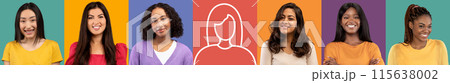 Ad and offer, social networks. Glad young multiracial women on colored studio background, with empty space with lady silhouette, panorama, collage. Human emotions, lifestyle and health care Ad and offer, social networks. Glad young multiracial women on colored studio background, with empty space with lady silhouette, panorama, collage. Human emotions, lifestyle and health care 115638002