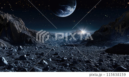 Moon and Earth view in space, deserted planet surface for background, dark mountain landscape at night. Concept of futuristic adventure, nature, sci-fi, science 115638159
