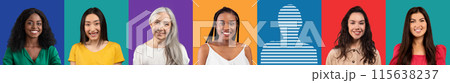Positive old and young international female with empty human silhouette on colored studio background, collage, panorama. Healthcare, meeting, positive emotions and lifestyle Positive old and young international female with empty human silhouette on colored studio background, collage, panorama. Healthcare, meeting, positive emotions and lifestyle 115638237