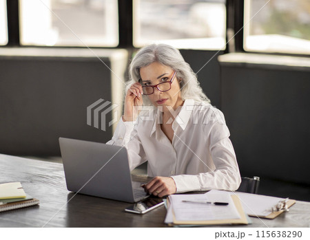 Career, Employment. Serious Businesswoman With Gray Hair Looking At Camera Through Glasses, Using Laptop Computer At Workplace Indoors, Sitting And Working Online, Searching New Job Applicants 115638290