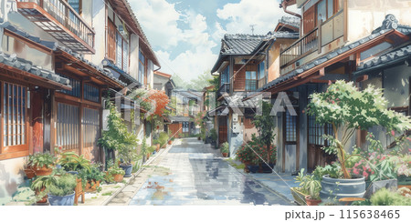日本の風情ある住宅街の路地の水彩イラスト 日本の風情ある住宅街の路地の水彩イラスト 115638465