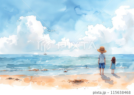 入道雲と水辺線の見える夏の海で遊ぶ子供の水彩イラストのイラスト素材
