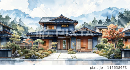 静かな山間に建つ日本の一軒家、水彩風のイラスト 115638478