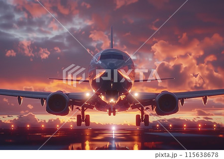 夕焼けの中着陸する飛行機 115638678