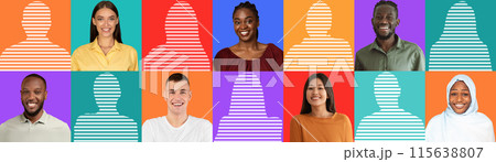 Cheerful millennial international people on colored studio background, with empty space with human silhouette, panorama, collage. Headshots and emotions, lifestyle, ad, and offer Cheerful millennial international people on colored studio background, with empty space with human silhouette, panorama, collage. Headshots and emotions, lifestyle, ad, and offer 115638807