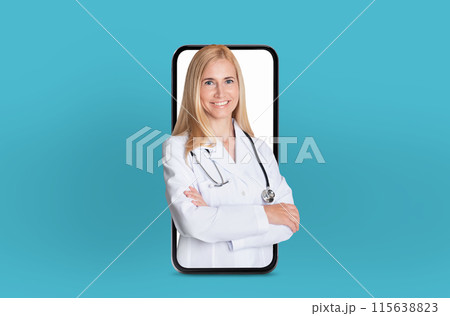 A woman wearing a white doctor coat is standing on the screen of a phone, appearing larger than life. Her presence on the device is surreal and unexpected, creating a striking visual contrast. 115638823