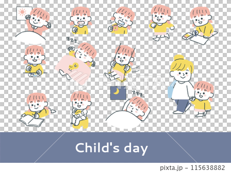 A set of illustrations of a day in the life of a kindergarten or nursery school child (girl) 115638882