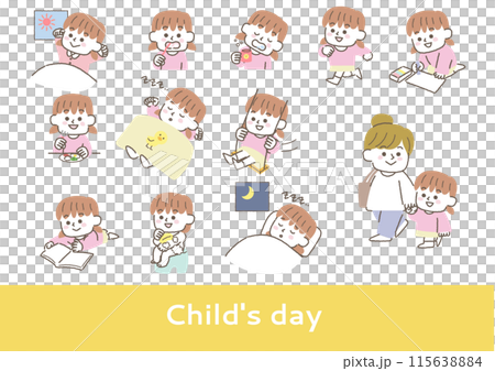 幼稚園、保育園くらいの幼児の1日のイラストセット（女の子） 115638884