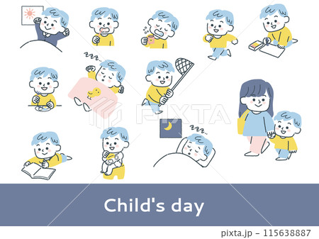 幼稚園、保育園くらいの幼児の1日のイラストセット（男の子） 115638887