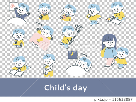 幼稚園、保育園くらいの幼児の1日のイラストセット（男の子） 115638887