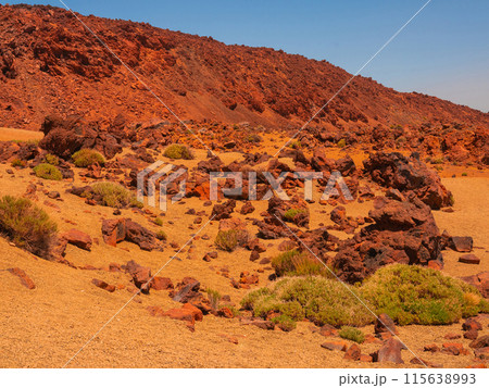 spot in Tenerife with many red rocks and beautiful mountain landscape background spot in Tenerife with many red rocks and beautiful mountain landscape background 115638993